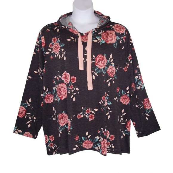 NEW Avenue 30/32 Floral Hoodie Top French Terry Long Sleeves - Picture 2 of 12